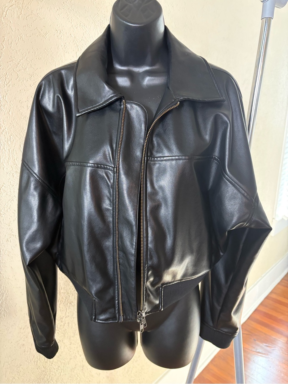 Women’s Black Faux Leather Bomber Jacket